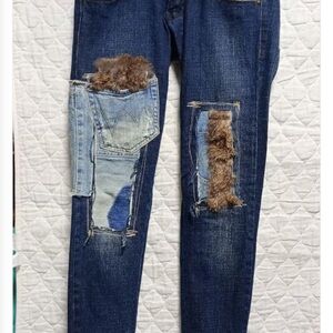 Blue Distressed Jeans with Fur Patches